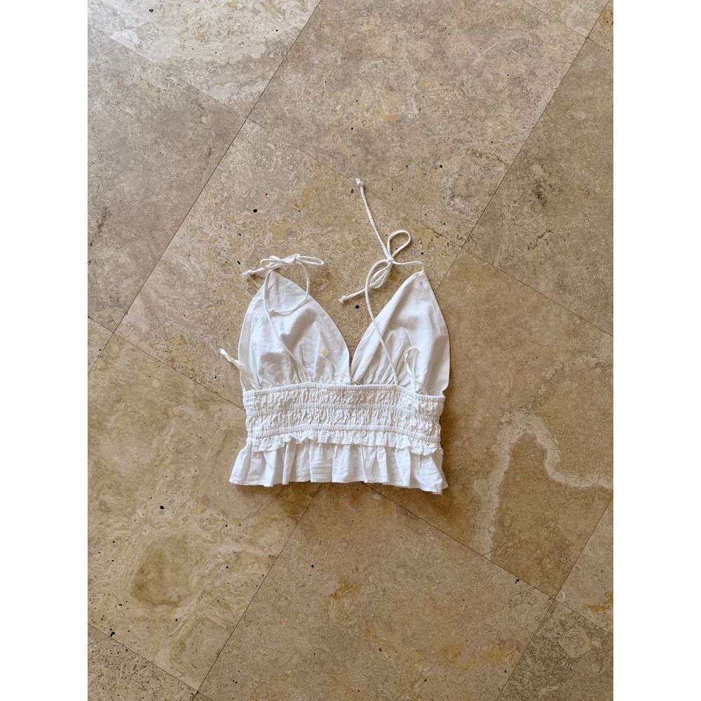 Sim & Sam White Cotton Smocked Ruffle Crop Top Medium - Picture 2 of 5